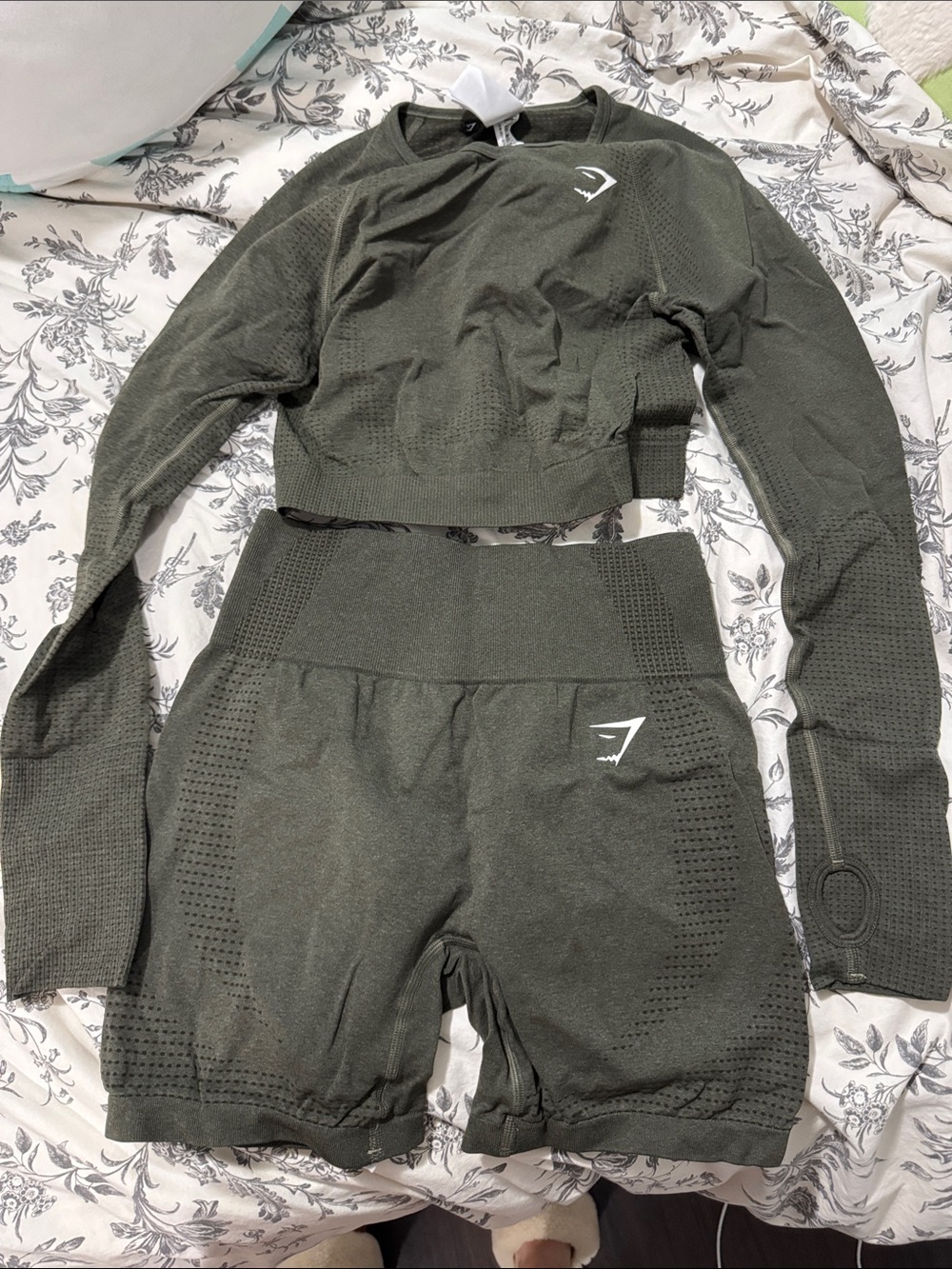 Gymshark Olive Green Seamless High-Waist Bike Shorts and Cropped Long Sleeve Set